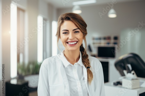 Joyful woman in a white lab coat, beaming with a bright smile, in a modern workplace setting