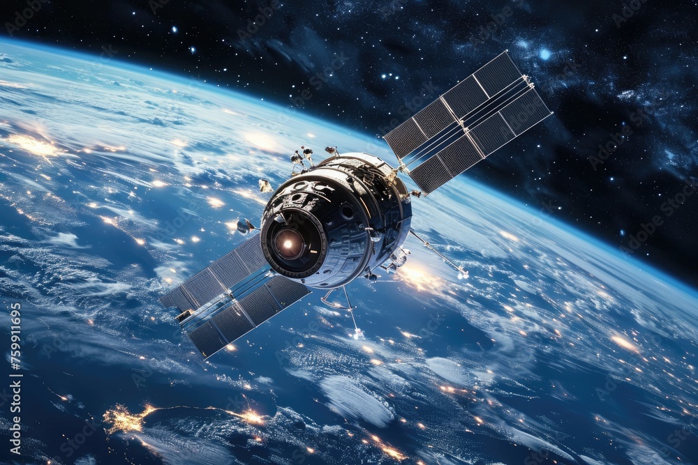 An artists rendering depicting a space station in orbit around Earth, showcasing its sleek design and advanced technology, A satellite in space with Earth in the background, AI Generated An artists rendering depicting a space station in orbit around Earth, showcasing its sleek design and advanced technology, A satellite in space with Earth in the background, AI Generated