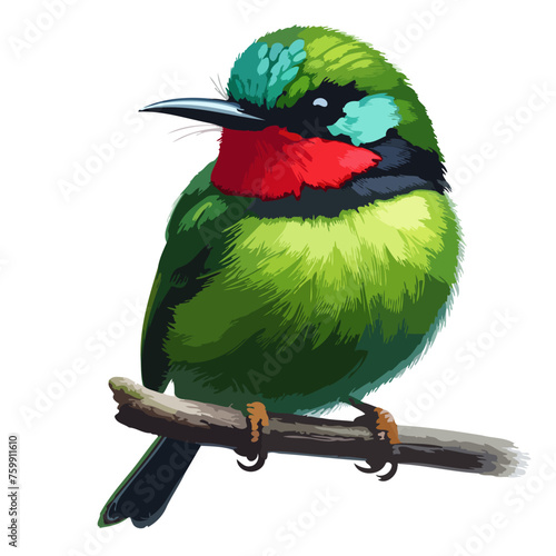 Illustrate a detailed, vividly colored Todus (Tody) bird, with its distinctive bright green upperparts, red throat, and small yet striking appearance. painting of a colorful bird sitting on a branch