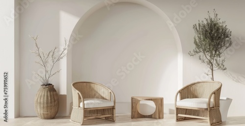 Fototapeta Naklejka Na Ścianę i Meble -  Modern interior design with a wooden arch and white walls in a mockup