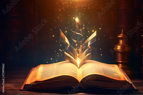 Shining an opened ancient book on wooden table with glitter or magic light sparkles and stars. Mystery open book. Vector illustration
