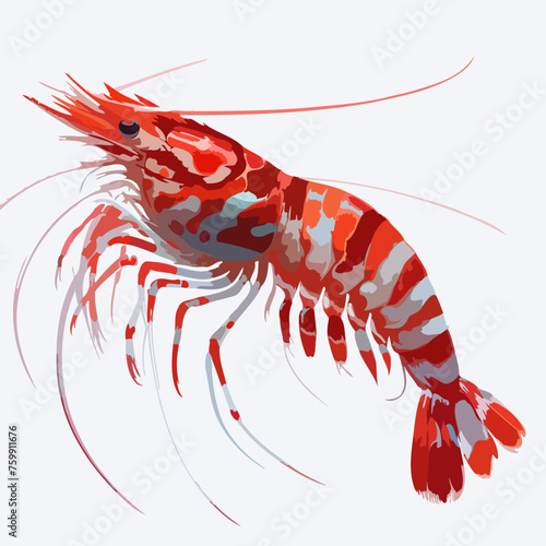 A close up of a shrimp with a red and white stripe on it.  Peppermint Shrimp, Lysmata wurdemanni, in a realistic style, with detailed and vibrant red and white stripes, translucent body photo