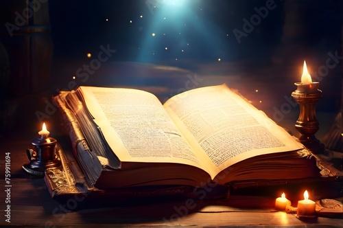Shining an opened ancient book on wooden table with glitter or magic light sparkles and stars. Mystery open book. Vector illustration
