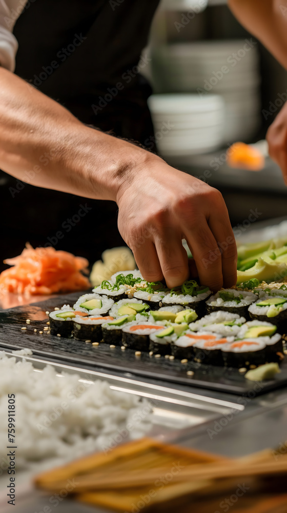 Expert Sushi Chef Elegantly Prepares Sushi Rolls at a Restaurant Expert Sushi Chef Elegantly Prepares Sushi Rolls at a Restaurant