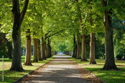 A straight pathway stretches through a city park  flanked by rows of tall trees  A scenic view of an avenue filled with beech trees in a city park  AI Generated