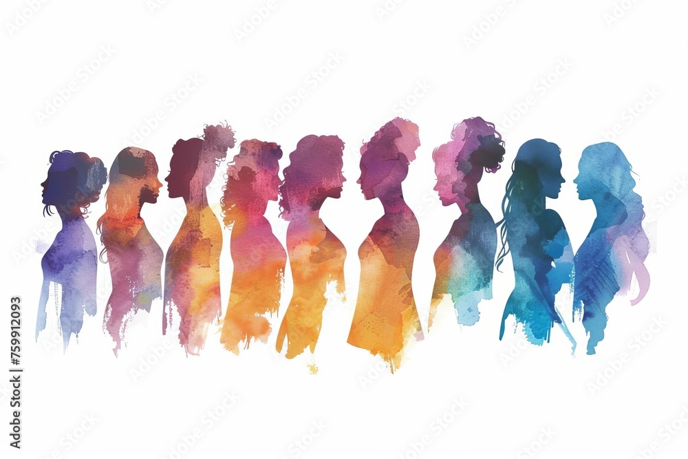 Happy global women's day concept for 2024 Featuring diverse women's silhouettes in a watercolor style on a panoramic white background