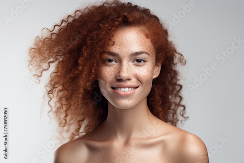 Beautiful young woman with curly red hair and freckles, smiling naturally on a light background.