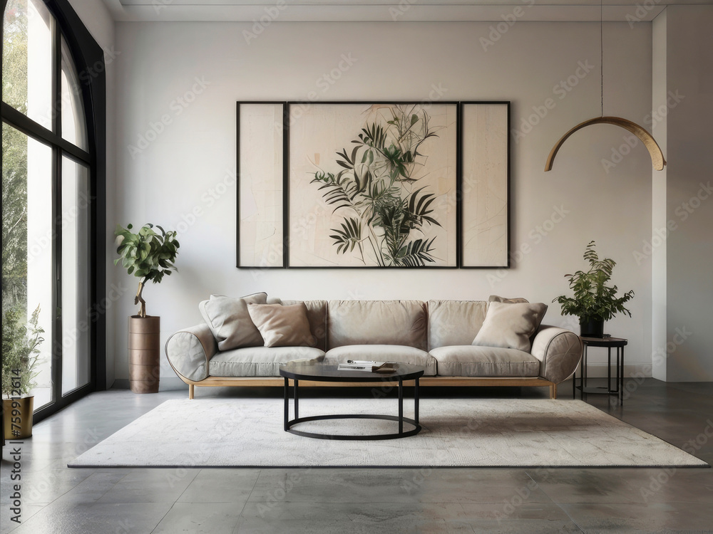 Home interior design of modern living room with Curved sofa against arched window near white living wall with painting art poster frame with white Background Home interior design of modern living room with Curved sofa against arched window near white living wall with painting art poster frame with white Background