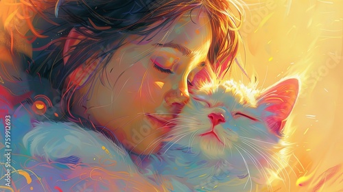 A tender illustration capturing a moment between a young girl and her cat, set against a rich, floral patterned background. photo
