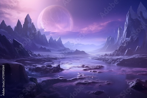 Fantasy landscape with sandy glaciers and purple crystal 