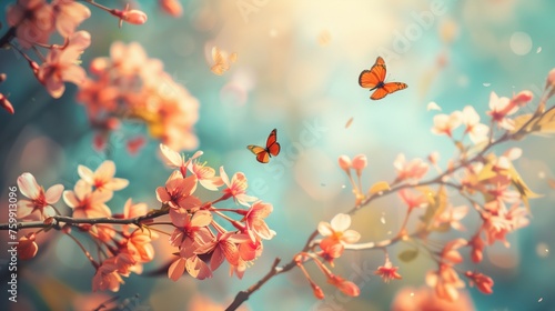 Branches blossoming cherry with fluttering butterflies on background blue sky