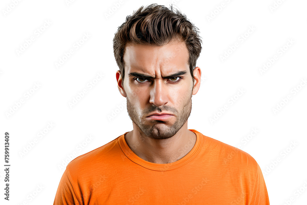 Portrait of a man with an orange shirt with a determine face isolated on a white background as transparent PNG Portrait of a man with an orange shirt with a determine face isolated on a white background as transparent PNG