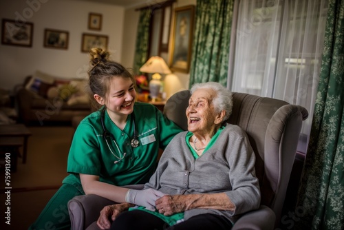 Smiling nurse in a cozy room with an elderly patient. 