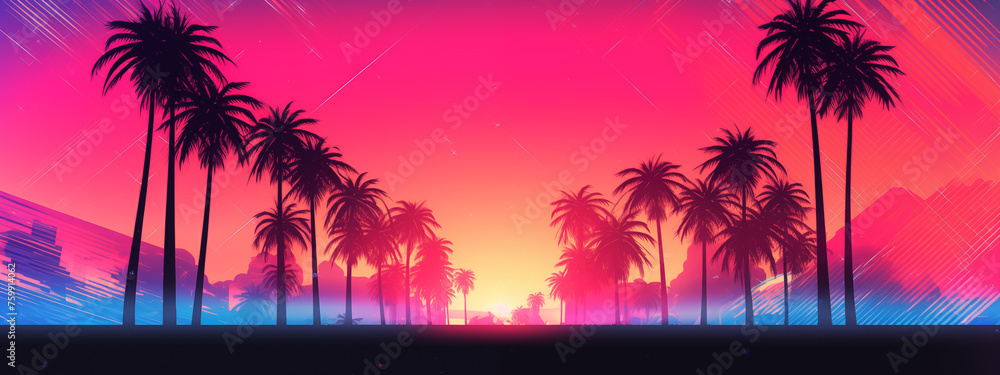 Radiant Sunset Through Palms with Synthwave Vibe