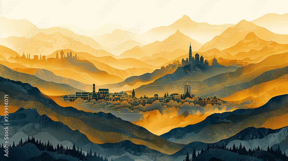 A serene, stylized illustration depicting a golden-hued mountain landscape with a flowing river under a full moon.