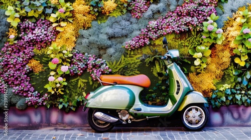 An electric scooter parked next to a living wall of plants in an urban setting, symbolizing green transportation options photo