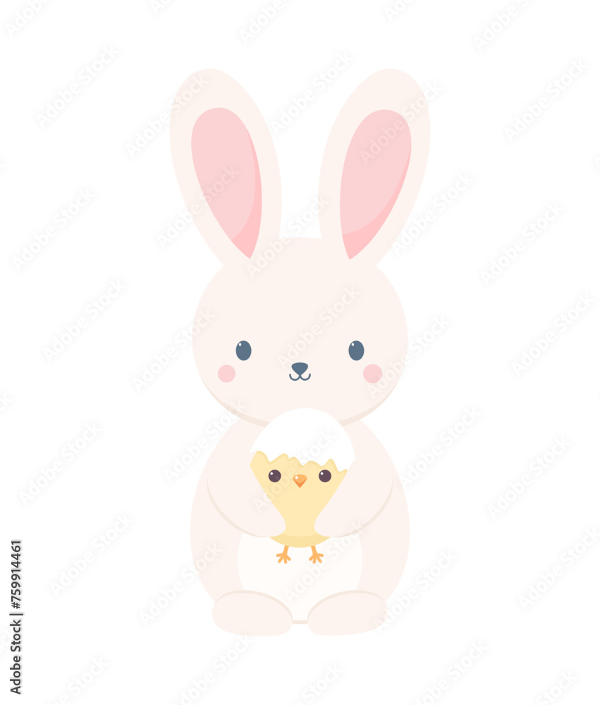 A cute rabbit holding a chick with an eggshell on its head, isolated on a white background. Flat vector illustration A cute rabbit holding a chick with an eggshell on its head, isolated on a white background. Flat vector illustration