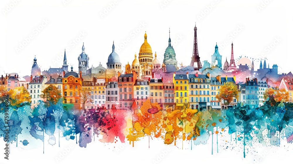 Artistic watercolor painting featuring iconic European city skylines blended in a vibrant and colorful abstract style. - obrazy, fototapety, plakaty 