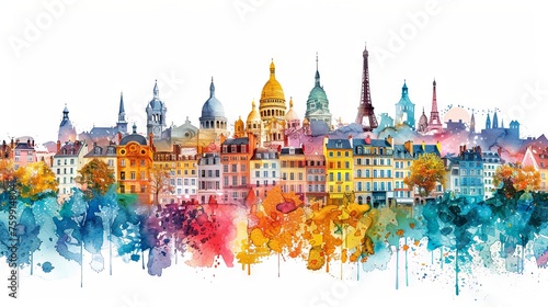Artistic watercolor painting featuring iconic European city skylines blended in a vibrant and colorful abstract style. photo