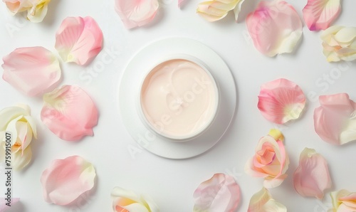 Blank creme jar mockup encircled by pastel flower petals on a white background, top view