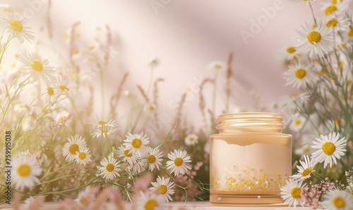 Blank cosmetic jar mockup placed on an elegant watercolor chamomile background, skin care and beauty