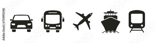 Transport icons set. Auto, bus, train, ship and plane. Delivery symbol. Airmail delivery sign. Public, travel and delivery transport icons. Vector illustration