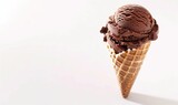 Chocolate ice cream cone on white background.