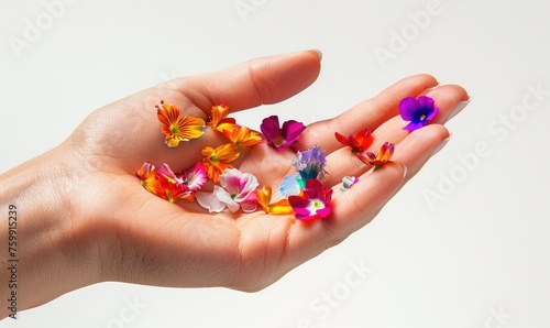 Close-up of a woman's hand holding colorful flower petals