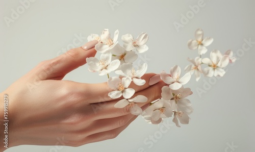 Close-up of a woman's hand with a neutral manicure, adorned with delicate flower petals.