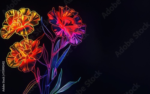 Neon canation flowers light drawing on black background. photo