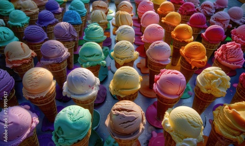 Colorful assortment of ice cream cones on the shop showcase. Colorful ice cream background