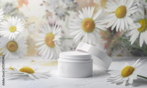 Cosmetic jar blank mockup placed on a serene watercolor chamomile background