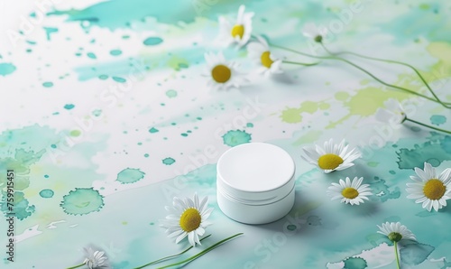 Cosmetic jar blank mockup placed on a serene watercolor chamomile background