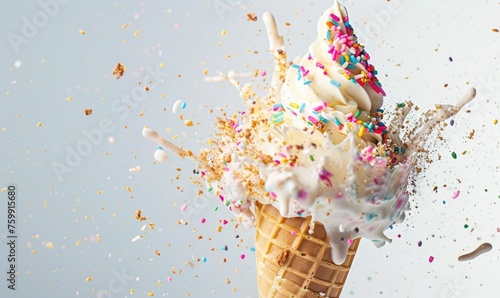 Ice cream cone explosion on white background