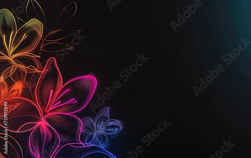 Neon flowers light drawing on black background.