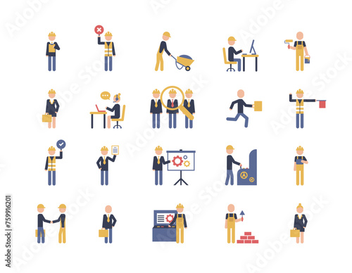 Construction worker character color pictograms. Industry employees engineers, designers set.