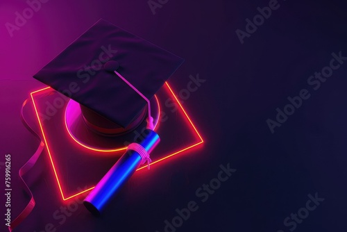 Neon Graduation cap for decoration and covering on the wall background. Concept of cheerful, congratuation. photo