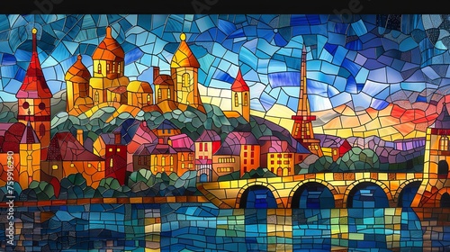 Artistic rendition of a quaint town depicted in vibrant stained glass mosaic style, bursting with color and charm.