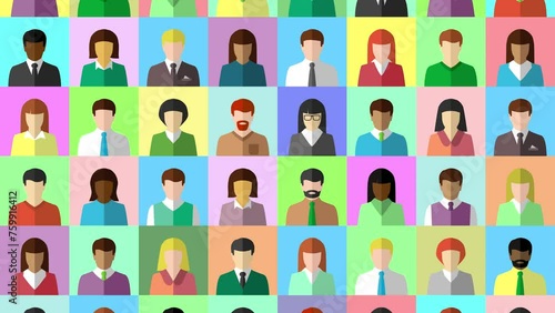 Animation with collage of diverse people slowly moving upward. Video showcasing icon set, multicultural group made of multiracial men and women. Multiple man and woman from various ethnicity.