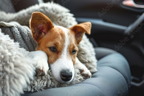 Relaxing Dog Cozily Nestled in Car Seat