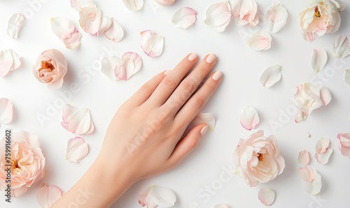 Woman's hand on white background with flower petals around photo