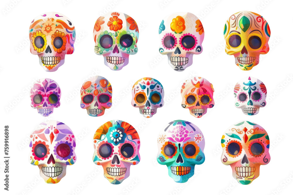 Vibrant collection of decorated sugar skulls in various colors isolated on white, symbolizing Mexican Day of the Dead celebration. Vibrant collection of decorated sugar skulls in various colors isolated on white, symbolizing Mexican Day of the Dead celebration.