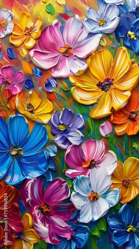 A colorful painting featuring various types of flowers on a canvas.