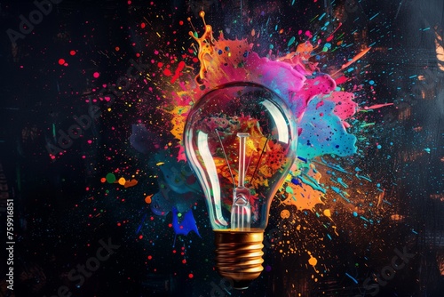 Detonating glass light bulb with radiating rays of light and motion, capturing the sudden flash of inspiration, creativity and innovative ideas. Symbolic 3D image for brainstorming, imagination