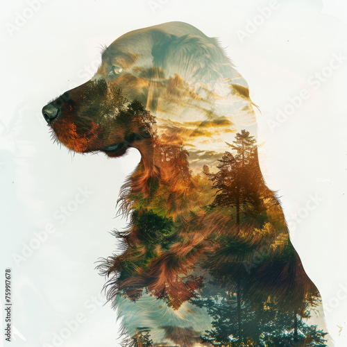 Double Exposure of Irish Setter Silhouette in Park Watercolor Art Gen AI photo