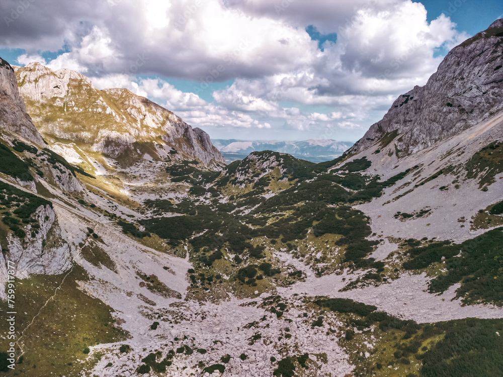 Drone shot of a valley high in the mountains with rocks and scattered trees, Durmitor, Montenegro