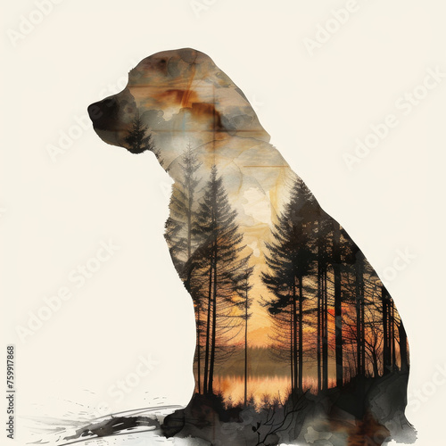 Labrador Retriever Silhouette Double Exposure with Watercolor Park Scene Gen AI