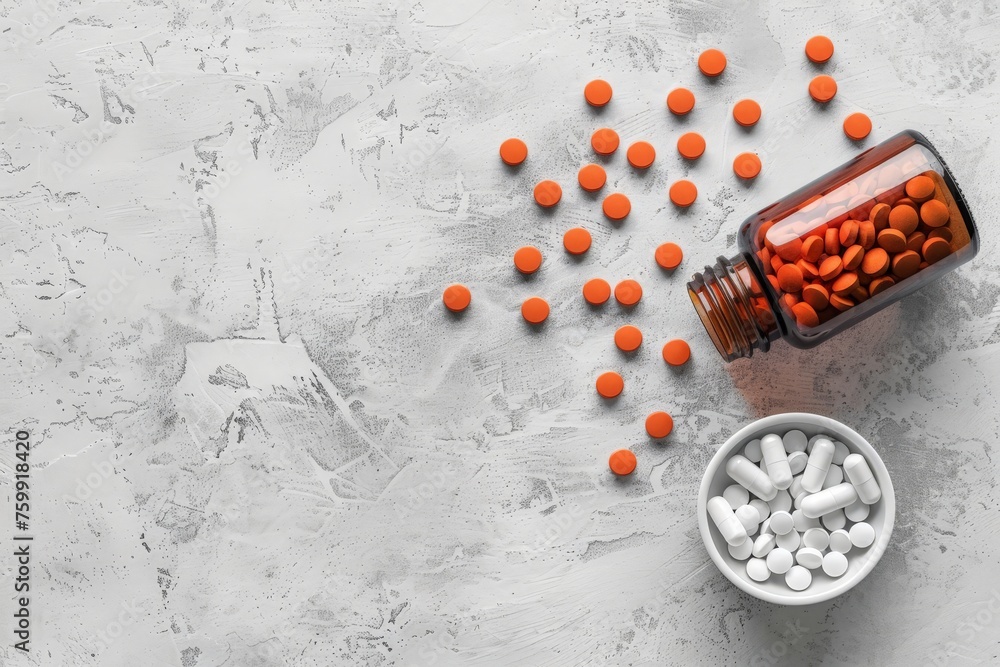 bottle and scattered pills on a light gray background with copy space, overhead view bottle and scattered pills on a light gray background with copy space, overhead view