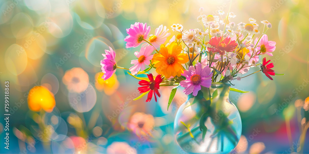 Obraz premium A beautiful bouquet of summer flowers in a transparent vase on a blurred background