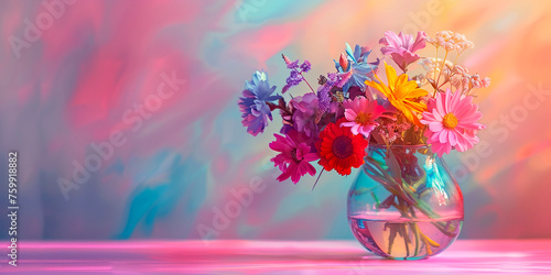 A beautiful bouquet of summer flowers in a transparent vase on a blurred background photo
